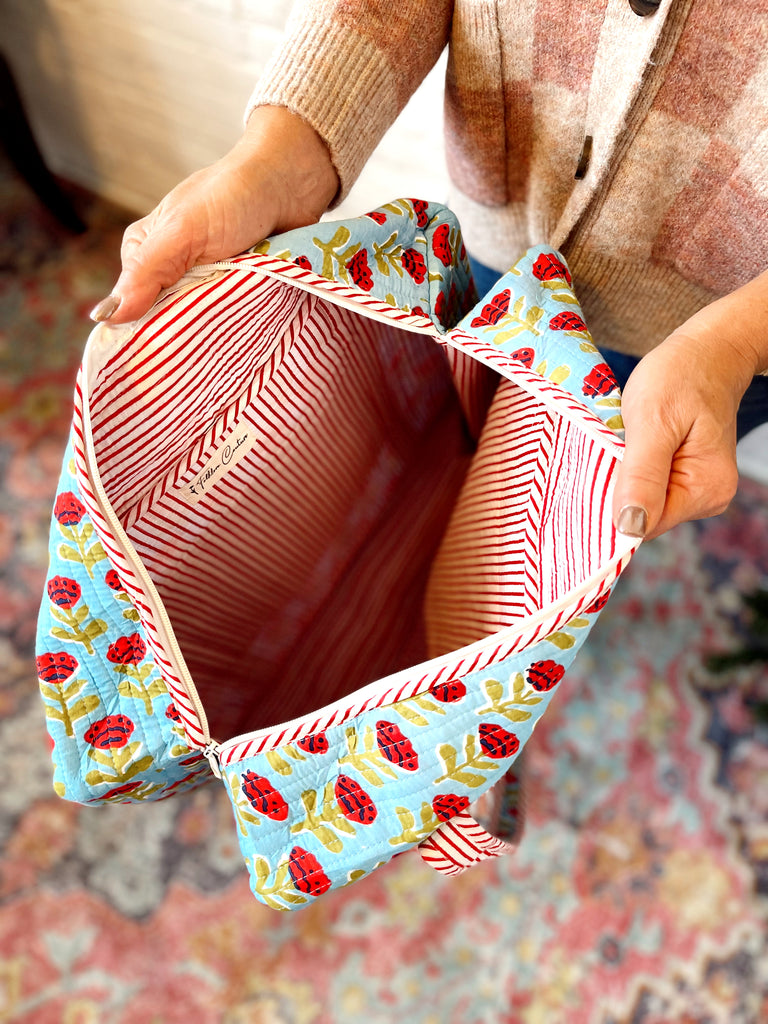 Quilted Duffle- Blue and Red Floral