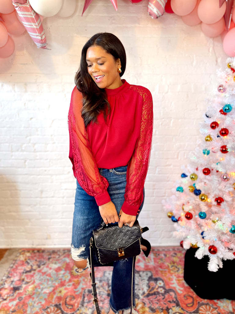 Red Wine Lace Sleeve Blouse
