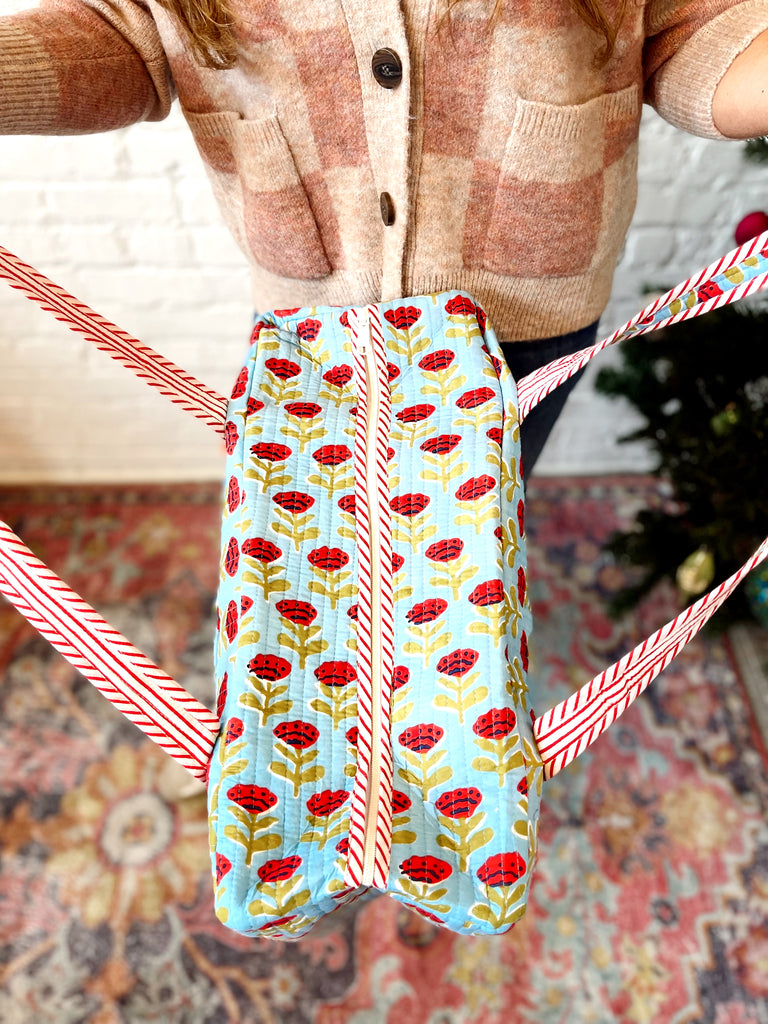 Quilted Duffle- Blue and Red Floral