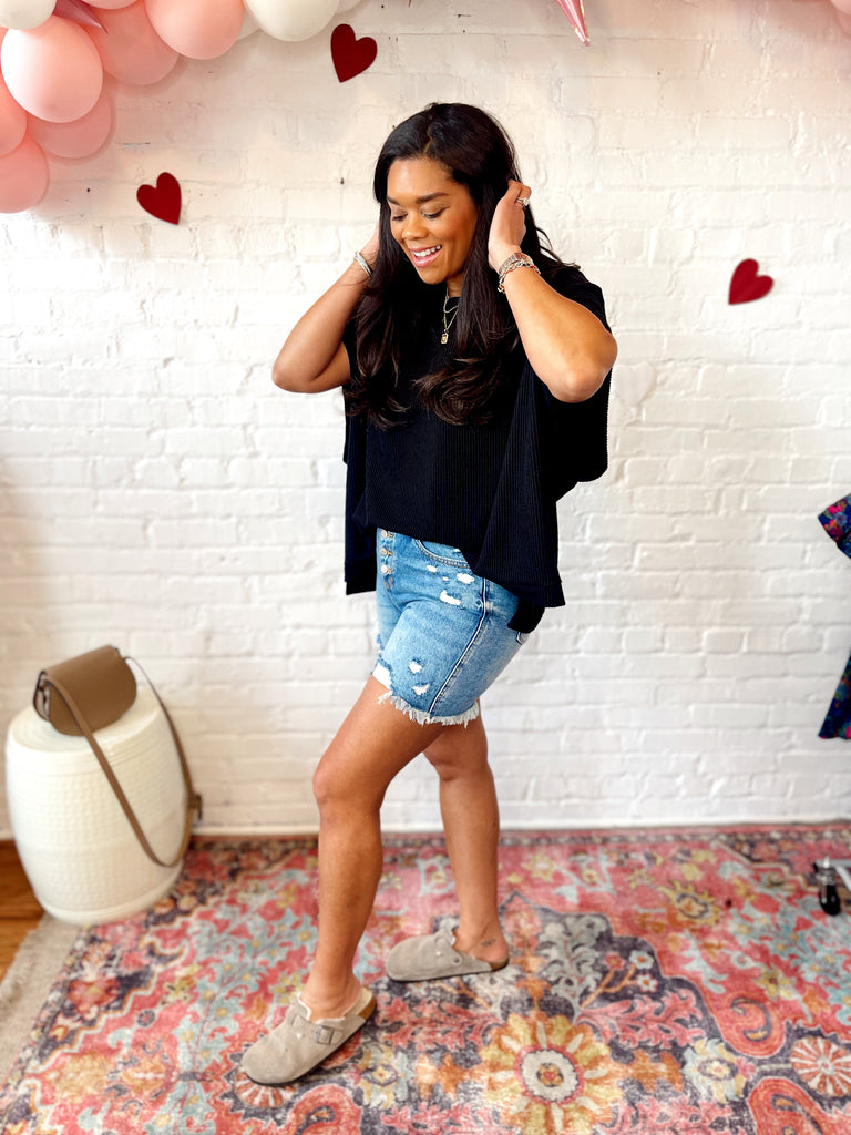 Kara High Rise Rigid Magic Button Fly Cutoff Shorts