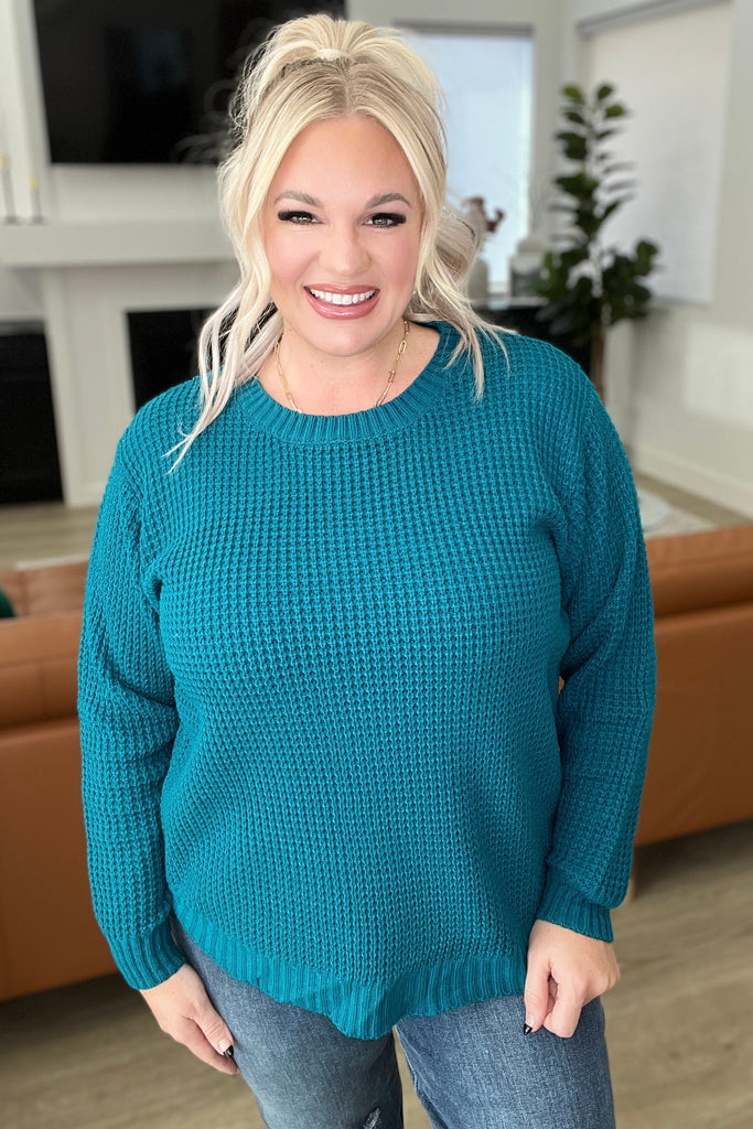 Casual Brunch Waffle Knit Sweater in Ocean Teal