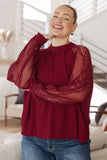 Red Wine Lace Sleeve Blouse